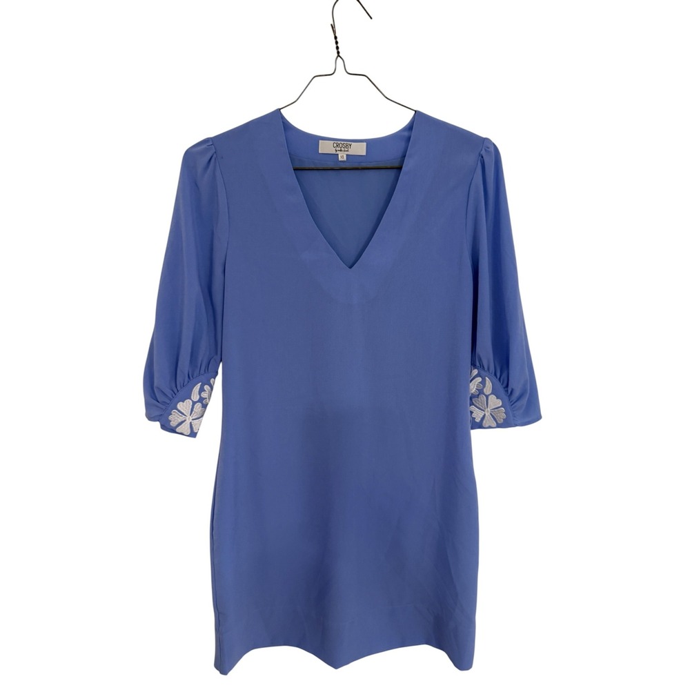 Crosby by Mollie Burch Blue V-Neck Embroidered Puff Sleeve Mini Shift Dress XS